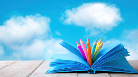 An open book features vibrant colorful pencils against a bright blue sky dotted with fluffy clouds, evoking a sense of creativity and inspiration.の写真素材
