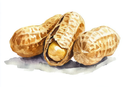 This watercolor illustration captures peanuts in their shells, showcasing their natural texture and color. Perfect for food-related projects and healthy lifestyle themes.の写真素材
