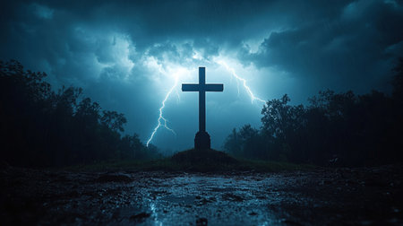 A striking image of a cross silhouetted against a stormy sky, featuring lightning and dark clouds. This captures a sense of drama and spirituality in nature.の写真素材