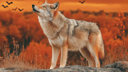 A stunning coyote stands on a rock, howling under a vibrant orange sunset. The autumn landscape is...