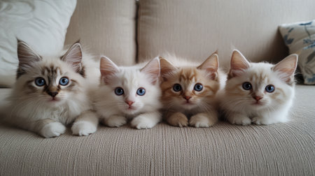This charming image features four adorable kittens sitting side by side on a cozy sofa, showcasing their soft fur and captivating blue eyes. Perfect for pet lovers!の写真素材