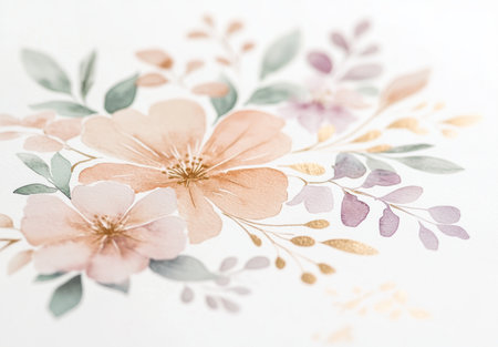 A beautiful watercolor floral arrangement with soft tones and delicate details. This elegant artwork captures the essence of nature, adding a serene touch to any space.の写真素材