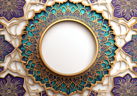 This stunning decorative geometric pattern features a vivid blue, gold, and purple design. The circular frame offers empty space for customization, perfect for artistic displays.の写真素材