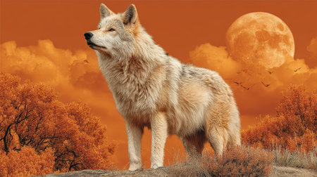A stunning wolf stands proudly against an orange sunset, embodying the essence of wildlife and...