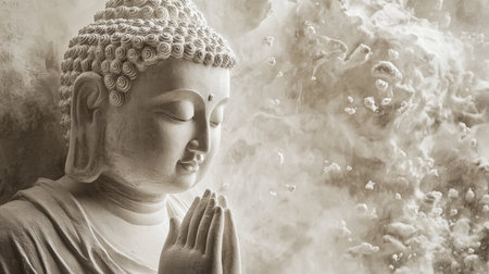 A serene Buddha statue with hands in prayer, set against an ethereal background. This image embodies...