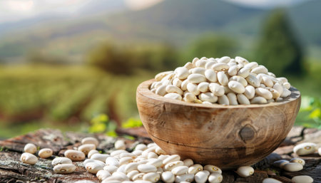 A rustic wooden bowl filled with fresh white beans sits against a picturesque nature backdrop,...