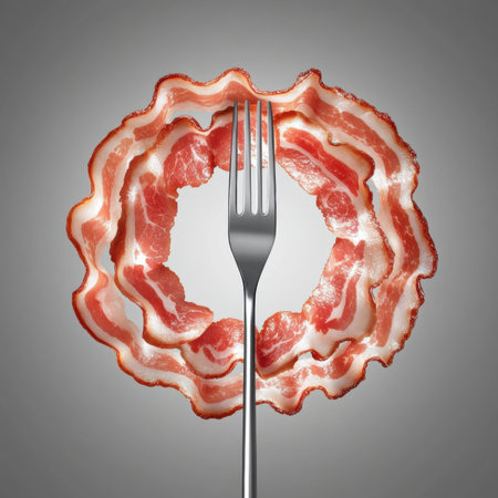 This striking image showcases an artistic arrangement of bacon strips arranged in a circular pattern with a fork placed in the center, evoking culinary creativity.の写真素材