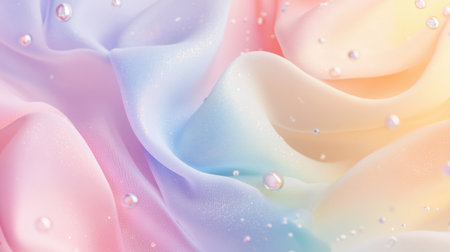 This image features soft pastel fabric with delicate water droplets resting on its gentle waves,...