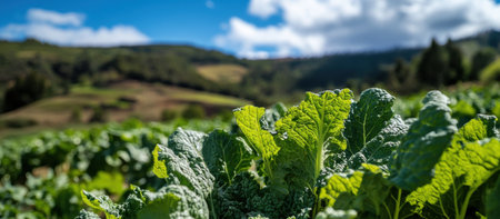 Lush green leaves thrive in a scenic agricultural landscape under a bright blue sky. The vibrant...