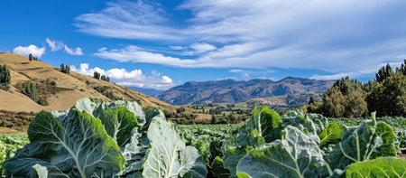 Mountainous landscape featuring a vibrant cabbage field under a bright blue sky. This scenic view showcases the beauty of rural agriculture and nature's bounty.の写真素材