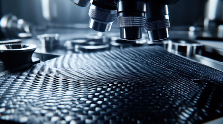 This close-up image showcases a microscope objective lens hovering over a textured sample surface,...