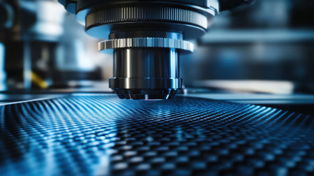 Close-up view of a macro lens positioned above a high-tech carbon fiber surface. The image showcases intricate textures and details, emphasizing modern technology.の写真素材