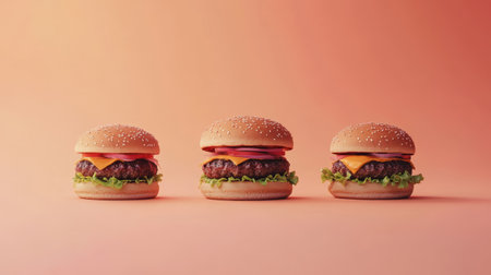 Three juicy burgers stacked with fresh lettuce, cheese, and onions, served against a minimalist background. Ideal for food enthusiasts and culinary presentations.の写真素材