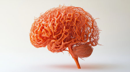 This vibrant orange abstract brain design features an intricate wire-like structure, symbolizing...