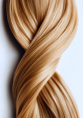A stunning close-up of luxurious golden hair twists gracefully over a soft white background, showcasing beauty, texture, and shine in artistry and elegance.の写真素材