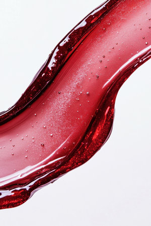 Stunning image of glimmering red liquid flowing gracefully, creating abstract shapes with vibrant color and glossy texture on a clean white background.の写真素材