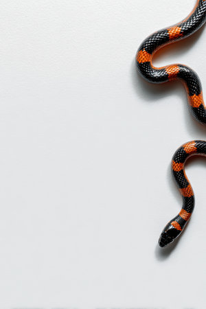 A striking black and orange snake winds across a clean white surface, showcasing its unique markings and texture. This image captures the beauty of nature.の写真素材