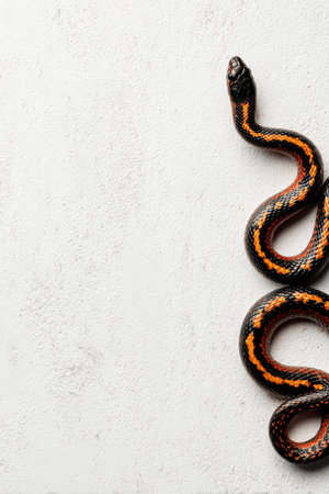 A vibrant snake displaying striking orange and black colors rests on a textured light background. This elegant reptile exemplifies beauty and nature's diversity.の写真素材
