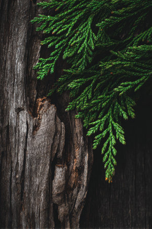 A vibrant green evergreen branch rests against a dark wood background, highlighting natural textures...