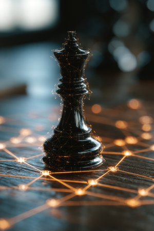 A striking image of a black chess king piece illuminated by a network of glowing lights on a wooden surface, representing strategy and competition in a modern context.の写真素材