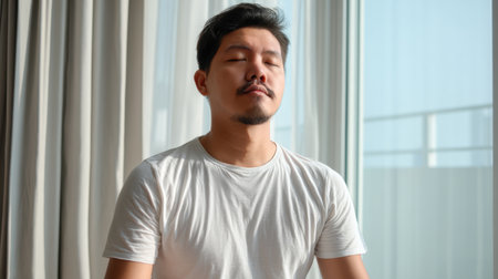 A serene moment captured of a man meditating peacefully by a window, enveloped in natural light. This scene embodies relaxation and mindfulness.の素材