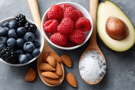 A vibrant display of fresh berries, creamy avocado, crunchy almonds, and coarse sea salt arranged beautifully on wooden spoons, perfect for healthy eating.の写真素材
