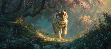 A majestic tiger walks gracefully through an enchanted forest filled with blooming flowers, capturing the serene beauty and vibrant colors of nature's landscape.の写真素材