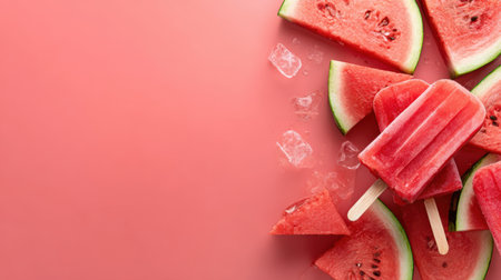 Delight in the aesthetic of refreshing watermelon popsicles surrounded by juicy slices and ice cubes. Perfect for summer hydration and enjoyment.の写真素材