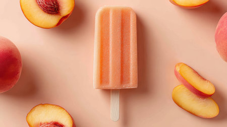 A delightful peach ice popsicle lies in the center, surrounded by fresh peach slices on a soft pink background, evoking summer vibes and sweet indulgence.の写真素材