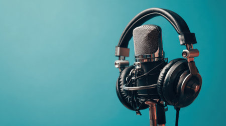 A close-up view of a vintage microphone paired with headphones set against a vibrant blue background, perfect for music and audio-related projects or concepts.の写真素材