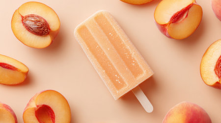 A delicious peach popsicle sits elegantly on a pastel background surrounded by fresh peach slices. This refreshing treat evokes summer vibes and indulgence.の写真素材