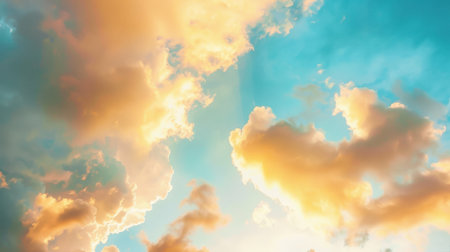 Captivating sunset sky showcases soft clouds illuminated by warm sunlight, creating a serene atmosphere perfect for nature lovers and scenic backgrounds.の写真素材