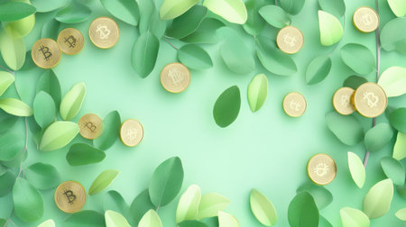 A serene composition featuring Bitcoin coins scattered among vibrant green leaves on a soft mint background, symbolizing growth and modern finance.の写真素材