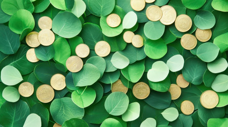 A captivating arrangement of fresh green leaves and sparkling gold coins creating a rich, vibrant texture. Perfect for themes of nature, finance, and abundance.の写真素材