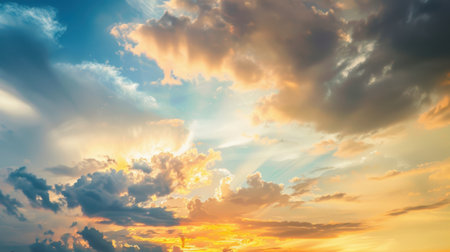 Experience the stunning beauty of an evening sky filled with vibrant colors and dramatic clouds, capturing the tranquility and magic of nature's display above.の写真素材