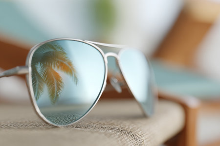 A stunning close-up of reflective sunglasses resting on a beach chair, showcasing a serene palm tree reflection. Perfect for summer and vacation themes.の写真素材