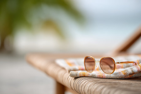 A pair of stylish sunglasses lies on a beach towel, evoking relaxation and summer vibes. The blurred background of the tropical shore complements the serene atmosphere.の写真素材