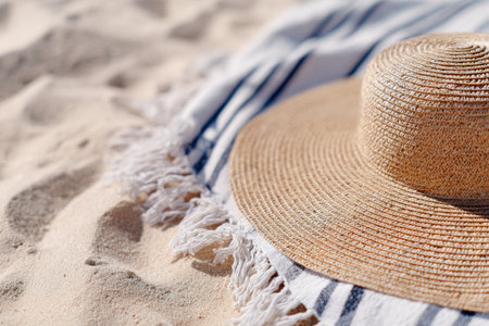 A close-up view of a straw hat placed on a sandy beach alongside a towel. Perfect for summer themes, beach vacations, or relaxation. Ideal for travel-related visuals.の写真素材