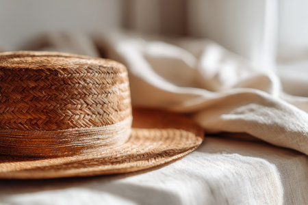 A beautiful natural straw hat rests on soft textiles, creating a cozy indoor atmosphere. The warm sunlight enhances the elegant textures and simplicity of the scene.の写真素材