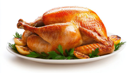 A beautifully roasted turkey presented on a white plate, garnished with fresh parsley and lemon slices, perfect for festive occasions and special gatherings.の写真素材