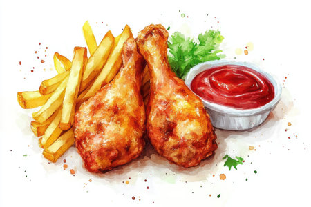 A delightful illustration of crispy fried chicken drumsticks served with golden fries and a rich ketchup dip, perfect for fast food lovers and comfort food enthusiasts. Enjoy this visual treat!の写真素材