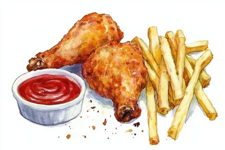 A vibrant watercolor illustration of crispy fried chicken wings paired with golden French fries and a delicious ketchup dip, perfect for any food lover.の写真素材