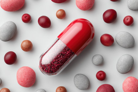 A striking red capsule surrounded by an array of colorful edible spheres. Ideal for health and nutrition themes, showcasing modern design and vibrant aesthetics.の写真素材