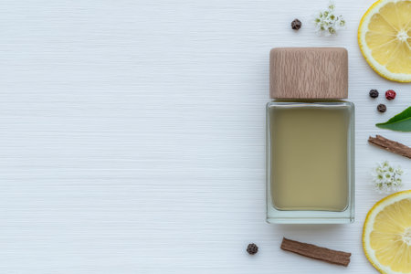 A stylish perfume bottle lies on a textured surface, surrounded by fresh lemon slices, spices, and delicate flowers, creating a serene atmosphere.の写真素材