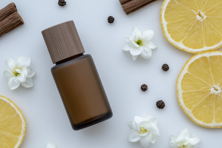 A stylish brown glass essence bottle is placed among fresh lemon slices, delicate flowers, and aromatic ingredients, creating a tranquil and refreshing atmosphere.の写真素材