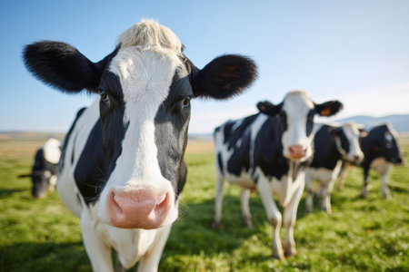 A close-up view of a Holstein cow showcasing its distinct black and white patterns. The cow stands in a vibrant green pasture with a clear blue sky, reflecting a serene farm atmosphere.の写真素材