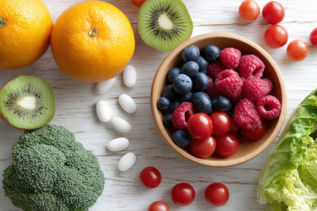 A vibrant arrangement of fresh fruits and vegetables on a wooden table. This image showcases healthy ingredients like oranges, kiwi, broccoli, and berries.の写真素材