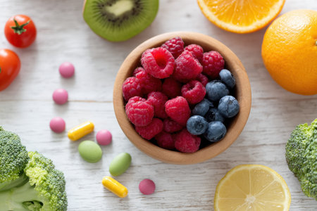 A delightful arrangement of fresh fruits and colorful vegetables, featuring raspberries, blueberries, and tomatoes, emphasizing healthy eating and vibrant nutrition.の写真素材
