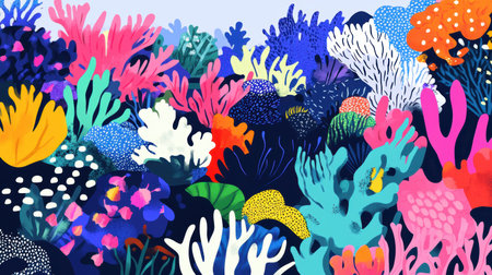 Explore this vibrant underwater coral reef illustration showcasing a rich diversity of colors and patterns, perfect for backgrounds and aquatic themes.の写真素材
