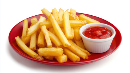 A delectable serving of crispy golden French fries served on a red plate with a side of tangy...
